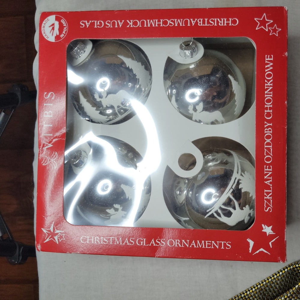 Vitbis Handmade Glass Christmas Ornaments Silver Moose Winter Scene Poland Set 4